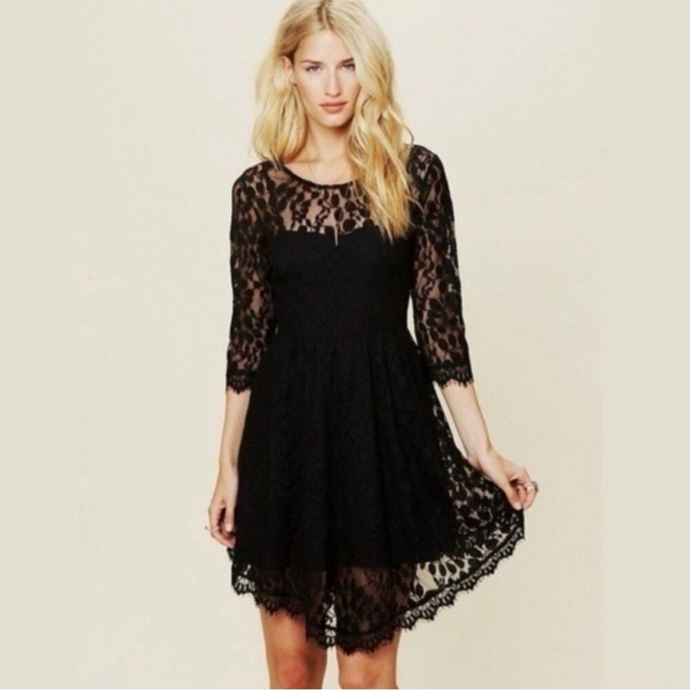 Free People Black Lace Half Sleeve Mini Dress Size 4